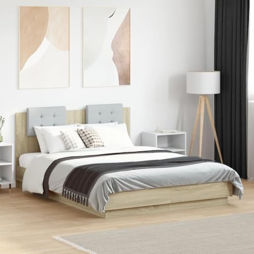QJBSAVVA Bettgestell mit Kopfteil Sonoma-Eiche 120 x 190 cm Holzwerkstoff Hellgraues Polsterkopfteil Modernes Jugendbett für Schlafzimmer Gästezimmer