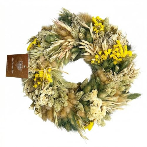 IFLO® Trockenblumenkranz 30 cm – Türkranz ganzjährig aus echten Trockenblumen | Wandkranz Naturkranz für Haustür, Wand & Tisch | Handgebunden (Kranz Janice 30 cm Natur Gelb)