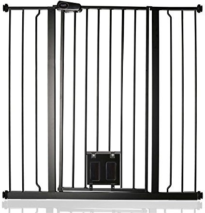 Bettacare Haustiergitter mit Verriegelbarer Katzenklappe, 100.8cm - 108.4cm, Schwarz, 104cm in der Höhe, Extra Hohes Haustier Sicherheitsgitter mit Katzenklappe, Einfache Installation