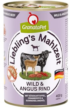 GranataPet Hundmat, älsklingens måltid vilt och Angus-nötkött, 6 x 400 g, våtfoder för hundar, utan spannmål och sockertillsatser, helfoder med hög andel kött och högkvalitativa oljor