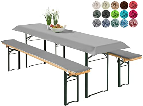 heimtexland ® Bierzeltgarnitur Auflagen Set 3-teilig Tischdecke Bierbankauflage Polster Kissen Biergarnitur Typ698 Grau für Tischmaß 50x220 cm