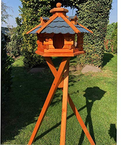 DARLUX handgefertigtes Sechseck Vogelhaus aus Holz wetterfest M - XXL mit und ohne Ständer I Futterhaus I Futterhäuschen I wetterfest I Bitumdach (Größe L mit Ständer, Blau - Braun)