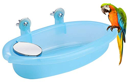 Hztyyier Bain d'oiseau, Baignoire pour oiseaux avec miroir bleu et jouet pour cage ou volière