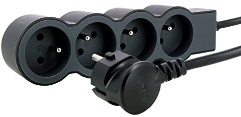 LEGRAND | Rallonge Multiprise Extra-Plate, 4 Prises 2P+T 16A 3680W, Cordon 3m Noir Et Gris Foncé, 1 Prise À 90° Pour Chargeur Volumineux