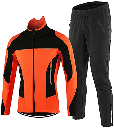 TDHLW Fahrradbekleidung Langarm Herren Winter Thermo Set, Wasserdicht Atmungsaktiv Radjacke Radlerhose Outdoor Regenjacke Hohe Sichtbarkeit Fahrrad Fleece Softshelljacke,Orange,M