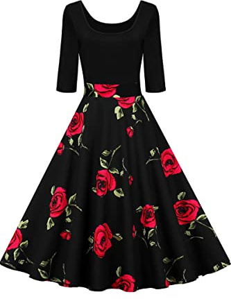 AXOE Women’s Vintage Dress 50s Rockabilly 3/4 Sleeve | Black Stretchy Bodice with Cotton Printed Swing skirt, Suitable for Garden Parties,Retro Events, Romantic Dinner Dates