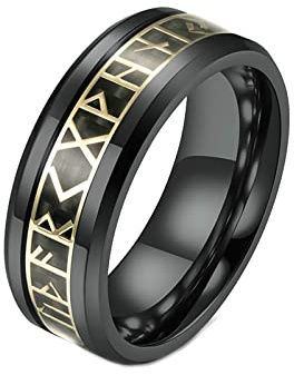 Aeici Anillos Caballero de Hombres, Anillo de Bandas Incrustadas de Runas de Fibra de Carbono Bordes Biselados, Anillo Anillo de Tungsteno, one size, Metal