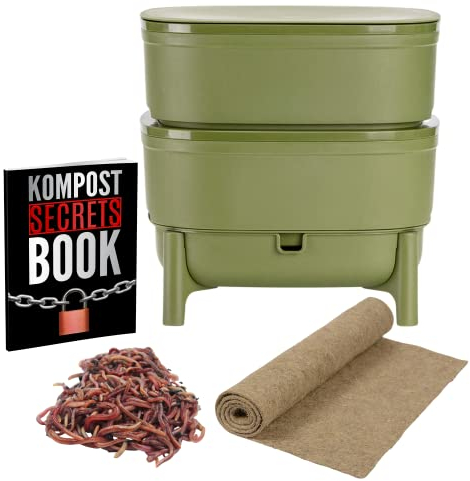 Wurmkomposter kaufen, Klein & Indoor, Wurmkiste für Balkon & Garten, Starterset + Zubehör (Mit Würmer, Grün)