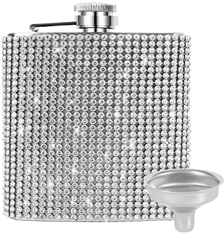 INSTOME Diamond Hip Flask,Flasks for Liquor for Women,6oz Bling Flasks for Liquor,Rhinestone Hip Flask Leakproof with Funnel,Leakproof Flask for Wine Whiskey Liquor Drinking (6oz, silver)