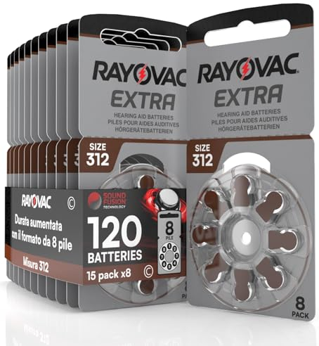 120 Batterie Per Apparecchi Acustici Auricolari Rayovac Extra Misura 312 PR41 (Marroni) - 15 Blister da 8 Pile