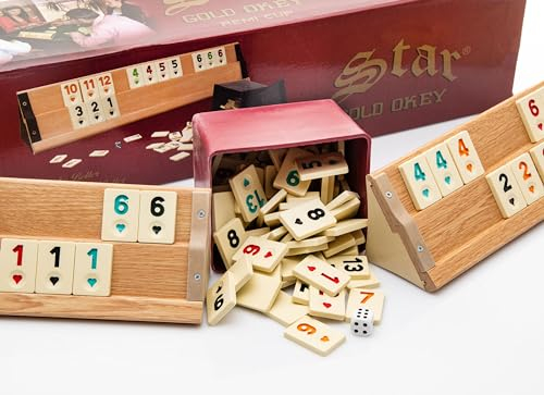 TruWare Just Camp Rummy Spiel Set Holzoptik mit 106 Steinen | Rommé Star Okey Gold Gesellschaftsspiel Legespiel mit Würfel