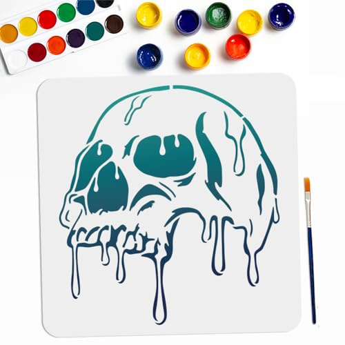 MAYJOYDIY Totenkopf Schablone 30 × 30cm Groß Schmelzende Totenkopf Schablonen Zum Malen Mit Pinsel Quadratische Skelett Vorlagen Für Holz Leinwand Papier Stoff Wand Glas