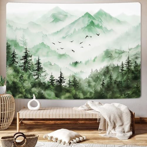 Uspring Tapisserie forêt brumeuse - Paysage naturel - Grande tapisserie verte pour chambre à coucher (150,1 x 210,1 cm)