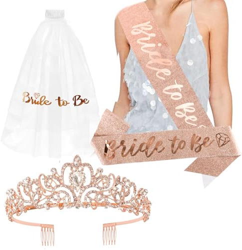CIEHER Rose Gold Crown + Bride To Be Sash + Wedding Veil Set for Bachelorette Party Favors Bridal Shower Decorations Bachelorette Sash Bridal Sash Bachelorette Gift for Bride