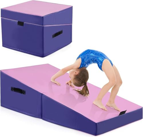 FANTASK 2 in 1 Schräge Gymnastikmatte mit Tragegriff, keilförmige Weichbodenmatte klappbar, Turnmatte für Zuhause, Gym, Sportmatte Fitnessmatte für Kinder, Rosa+Lila