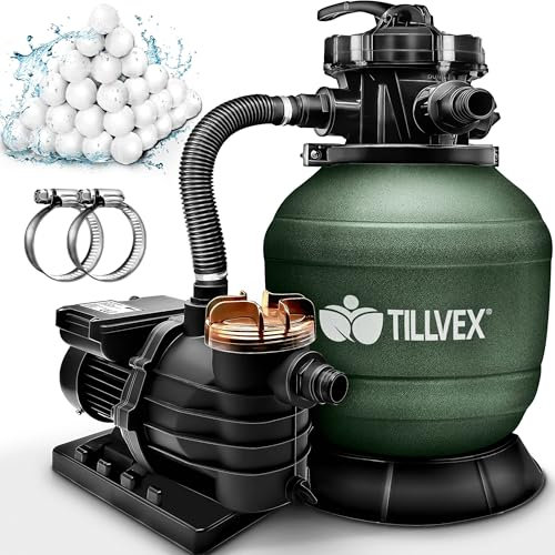 tillvex Système de Filtre à Sable 10m³/h + 800g Boules de filtre – 7 Fonctions de Filtration | Filtre de Piscine avec indicateur de pression | Filtre à sable pour bassins & piscines (Vert)