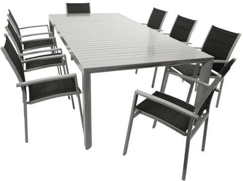 DEGAMO Gartenset Garnitur BAGO XL 9-teilig (8X Stapelsessel schwarz, 1x Ausziehtisch 195/255x120cm), Alu Silbergrau, Outdoor