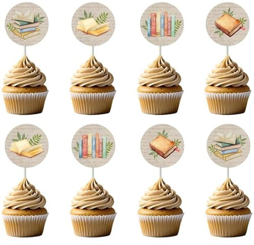 kreat4joy Vintage Book Themed Party Decorations, 24pcs Retro Storybook Cupcake Topper Double-sided Printed Cake Decorations for Book Club Library Reading Themed 1st Birthday Baby Shower Supplies