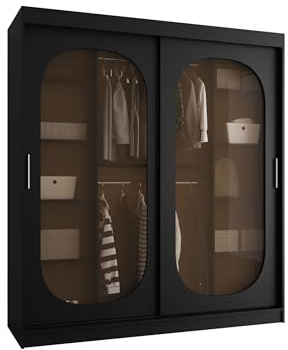 Mirjan24 Kleiderschrank Bimaza 180 mit Schubladen und Glastüren - Rauchglas, Schiebetürenschrank mit einlegeböden und Kleiderstange, Garderobenschrank (Schwarz, ohne Beleuchtung)