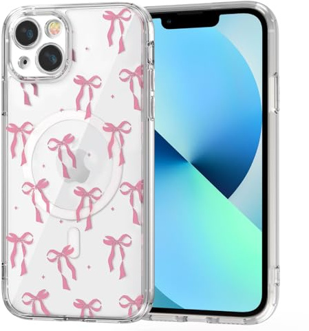 Tikgue Magnetica Cover per iPhone 13 Compatibile con MagSafe, Custodia Trasparente con Motivo Fiocco Sottile TPU Bumper Protezione Antiurto Antigraffio copertura Case - Rosa