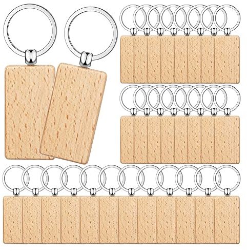 Qezodsx Lot de 50 pièces en bois brut pour porte-clés, vierges pour gravure, format rectangle. Porte-clés inachevés pour bricolage et décoration