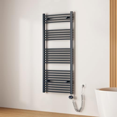 EMKE Scaldasalviette Elettrico Bagno,Curvo,140 x 60 cm, Antracite | 600 W,Termoarredo Asciugamani da Bagno con WIFI Termostato,Radiatore da Bagno