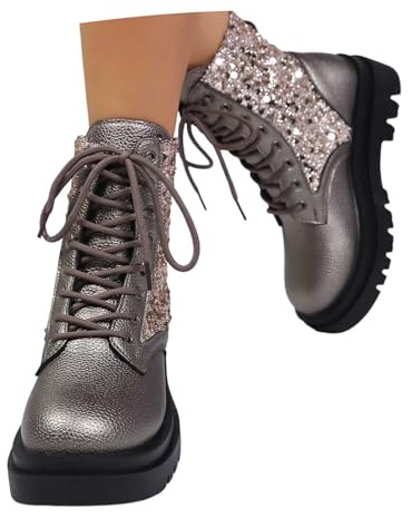 Generisch Stivaletti da donna gotici, lucidi, con paillettes, in pelle PU, con plateau vintage, con zeppa alla caviglia, per attività all'aperto, feste, carnevale, O grigio., 42 EU