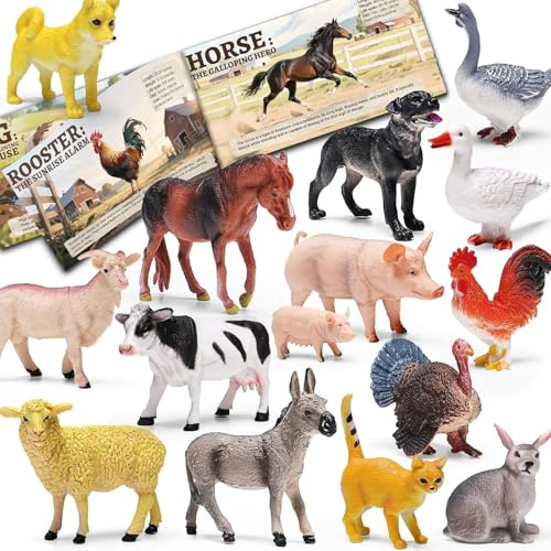 Set da 15 Pezzi Animali della Fattoria con Libretto Educativo e Scatola Regalo, Figure Realistiche in Plastica per Bambini, Set Giocattolo Fattoria Regalo per Feste, Decorazione Torte, Regalo Complean