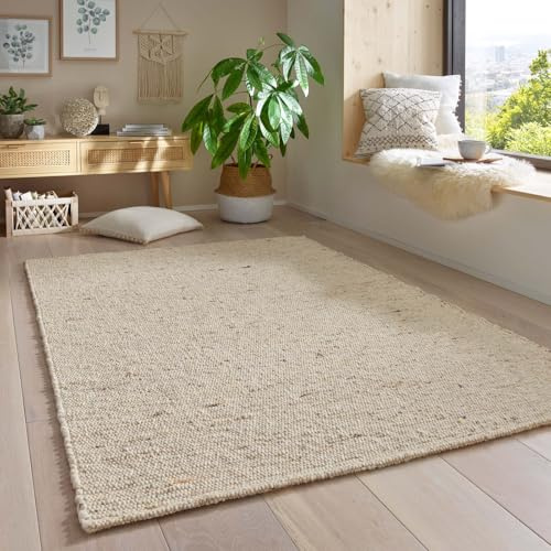 Taracarpet Gewalkter Wollteppich Lambrecht Handgewebt Wohnzimmer – Handwebteppich Schurwolle – Webteppich Wolle Natur für Schlafzimmer, Esszimmer, Küche Beige meliert 090 x 160 cm