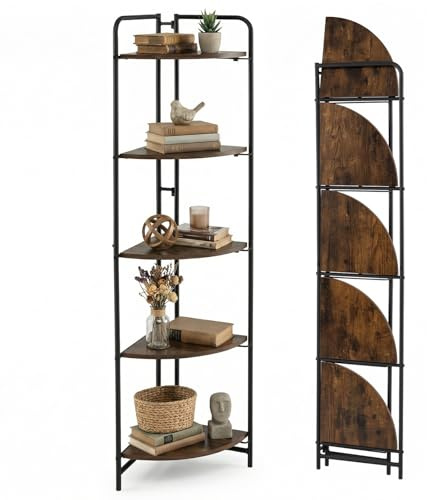 COSTWAY 5-Tier Corner Shelf, Freestanding Foldable Bookshelf Shelving Unit, Wooden Storage Bookcase Display Rack Plant Stand for Living Room, Bedroom, Hallway and Office (5-Tier, Rustic Brown+Black)