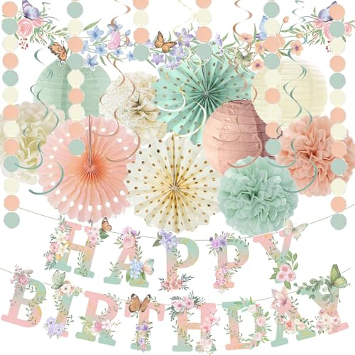 Tazuxetuqe Décorations d'anniversaire en vert sauge et rose poudré, bannière fleurie et papillons « Happy Birthday », guirlande de fleurs sauvages, lanternes en papier et pompons en papier de soie