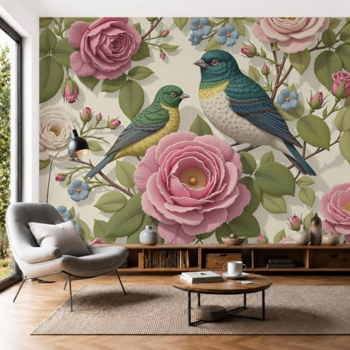 SMBHIAON 3D Carta Da Parati Fiori Uccelli E Piante, Rose Rosa Cinciallegre Carta Da Parati Panoramica Per Soggiorno, Camera Dei Bambini, Decorazione Da Parete 200L×140A Cm