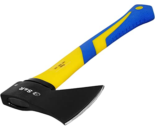 S&R Beil, Spaltbeil, Universal-Axt, Handbeil mit Kopfgewicht 600 g, gummierter Fiberglasstiel, rutschfest und stoßdämpfend, hochwertiger hitzegehärteter Schmiedestahl mit guter Schärfbarkeit