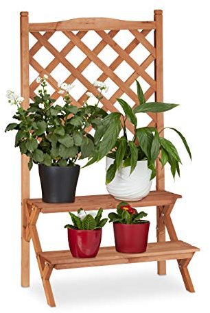 Relaxdays Flower Display Rack with Trellis, 2-Tiers For Flower Pots and other Plants, Fir Wood, HWD: 110x61x40, Natural