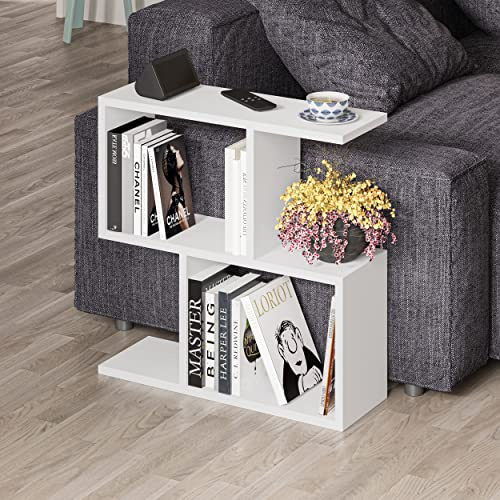 Hocuspicus Holz Beistelltisch mit 2 Etagen, vielseitiger Sofatisch mit 4 offenen Fächern, kompakter Organizer für Wohnzimmer und Büro, belastbar bis 20 kg, pflegeleicht, 60 x 60 x 19,5 cm (Weiß)