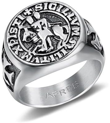 BOBIJOO Jewelry - Bague Chevalière Sceau Templier Christ Croix Sigillum Militum Xpisti Acier Argenté Noir - 56 (7 US)
