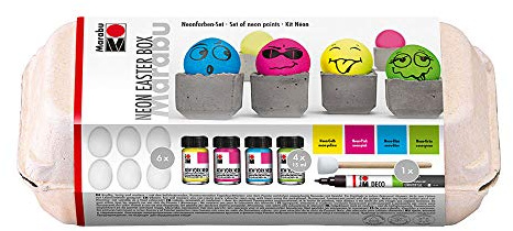 Marabu 1266000000081 - Neonfarbenset Neon Easter Box, Halblasierende, Fluoreszierende Tagesleuchtfarben zum Pinseln und Tupfen, 4 x 15 ml, 6 Kunststoffeier, Schablonierpinsel und Deco Painter