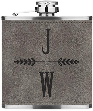 Personnalisé Initiales Nom Fougère 6oz Cuir PU Hip Flasque Gris Qualité Premium
