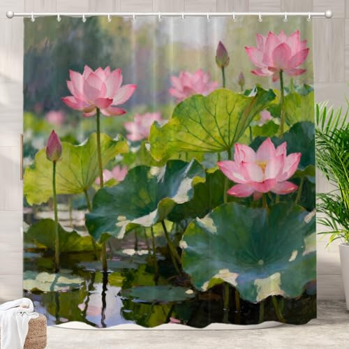 Batmerry Lotus Color Flower Decorative Shower Curtain, Water Lily Lotus Flowers in Pond Art Painting Shower Curtain Long Wide with Rust Proof Grommets for Bathroom Bathtub Waterproof Washable