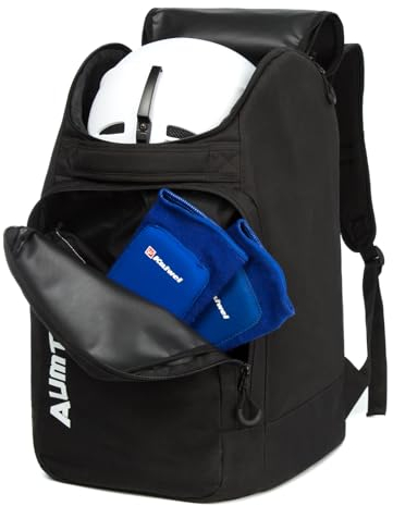 AUMTISC Skischuhtaschen mit Helmfach und Rucksackgurten, Skirucksack Skischuhrucksack mit Helmtasche, Skitasche Siksack für Skistiefel, Schlittschuhe, Snowboard (Schwarz, 45L)