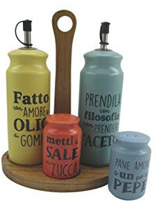 Villa d'Este Home Tivoli Idee Set condimento in gres con Base in Legno