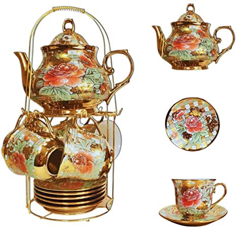 Green Globe 13 Piece Ceramic Tea Set with Teacups and Teapot in Raised Size, Elegant Design with Gold Trim and Multicolor Floral Pattern