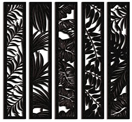 5 Pieces Wooden Wall Art Hollow Wall Decor Wood Wall Accents Themed Wood Panels for Home Decorations Bedroom Living Room, 15.7 x 2.9 x 0.2 Inch (Black, Leaf)