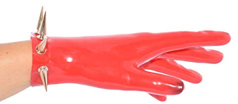 Rubberfashion Latex Handschuhe kurz - Rubber Gloves Spikes - kurze Latexhandschuhe bis Handgelenk für Damen und Herren Rot 0.4mm S/Handschuhgröße: 7