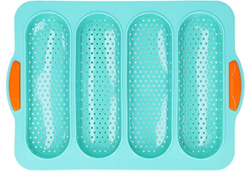 Silikon Baguette Backform mit 4 Wellenschlitze, Antihaft Beschichtete Französische Baguette Pfanne, Perforierte Laib Backform Baguetteblech für Brot, Langbrot, Hot Dog(Minze)