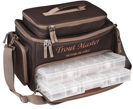 Trout Master Session Bag – Angel-Tasche mit Tackleboxen, Abnehmbarer Ködertasche, Schultergurt, großes Oberfach, 100% Polyester, robust, leicht zu reinigen, Maße: 45x29x25cm