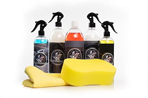 Kit De Limpieza para Coche 5 Productos (renovador de plásticos, champú para carrocería, tapicerías en seco, limpia llantas, limpiacristales) más Accesorios (esponja y Bayeta)