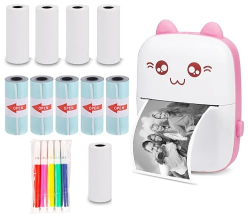 WANGCL Thermo-Etikettendrucker mit USB-Aufladung, tragbarer Bluetooth-Fotodrucker, kabellos, kompatibel mit Android oder iOS, mit 1 Rolle Thermopapier (Pink)