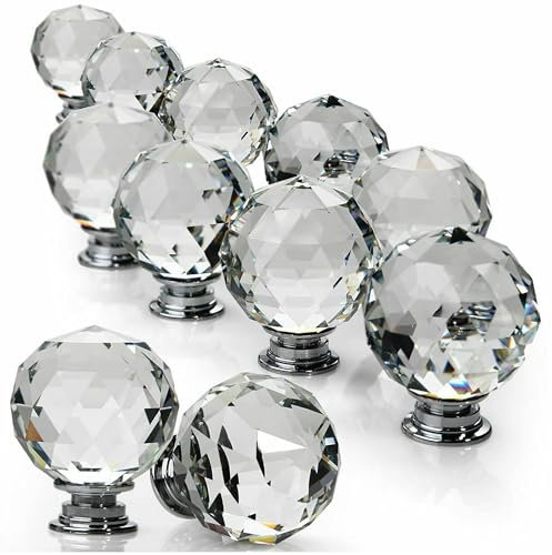 ZENO 30MM Clear Crystal Diamond Glass Door Knobs Handle Cupboard Pull Drawer Kitchen Cabinet Drawer Knob + Screw Set Home Decorating for Bedroom Furniture, Bedside Cabinet, Dresser Unit and Chest (8)