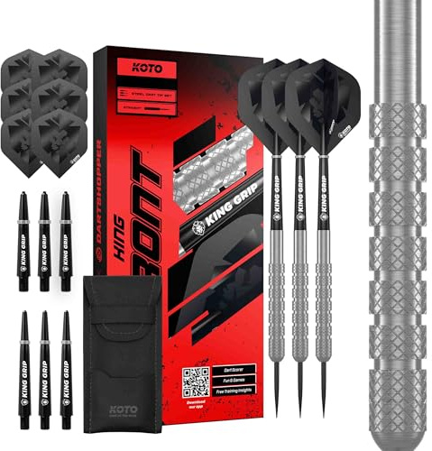 KOTO - King Front 90% Tungsten Darts, 22G-24G, Silber, Dartpfeile Inkl. 3 Barrels, 6 Flights & 6 Shafts | 24 G Steeldart Pfeile, Inkl. 3 Barrels, 6 Dart Flight, 6 Shaft & Dartcase, Gefrästem Ringgrip, Lasergravur, Zentriert